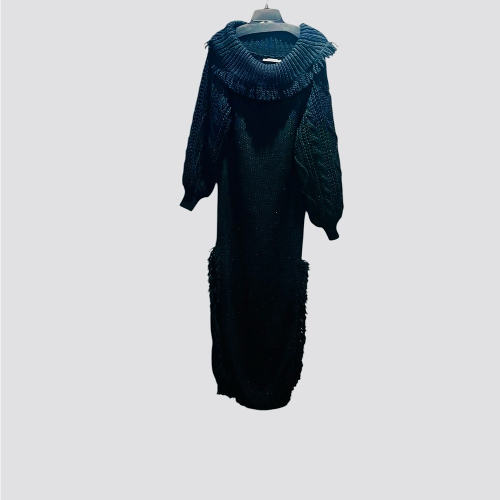 Side Slit  Black Knit Maxi Dress Fringe Rainbow Fleck Large